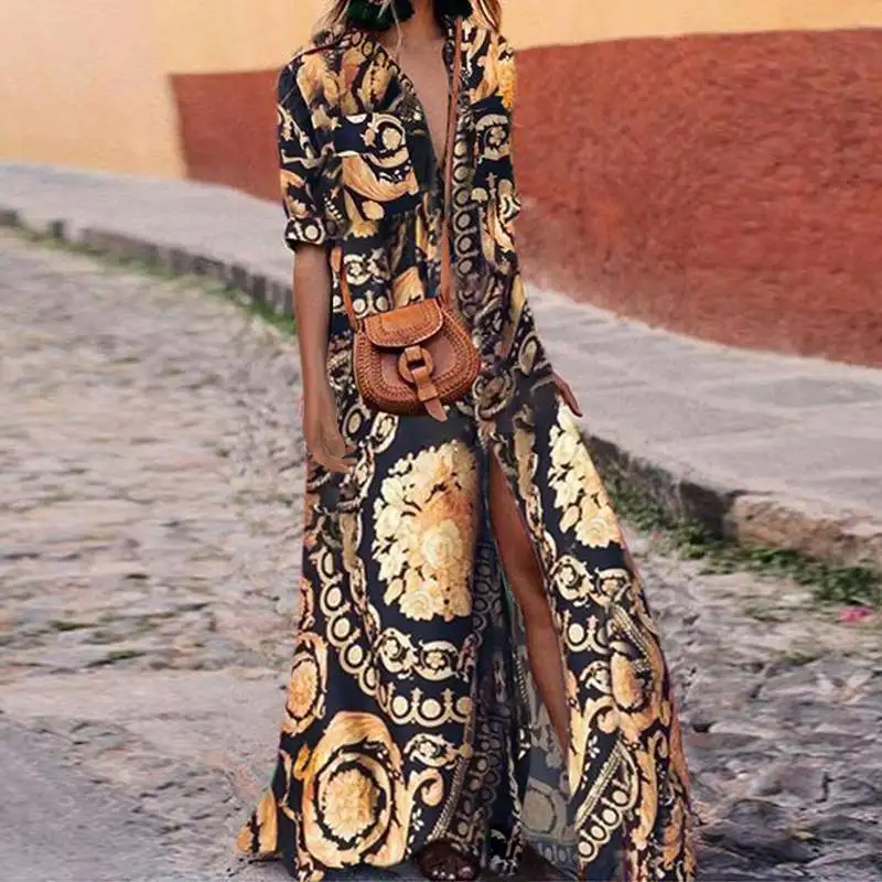 

ZANZEA Women Dress Bohemian Print Lapel Maxi Sundress Sarafans Vintage Buttons High Split Long Vestidos Summer Short Sleeve Robe