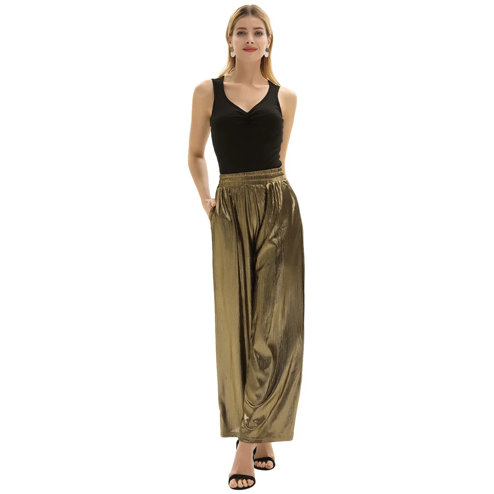 

Gk Women's Casual Solid Color Elastic Waist Wide Leg Pants Flared Trousers Shiny Fabric Casual Fashion Women Pants
