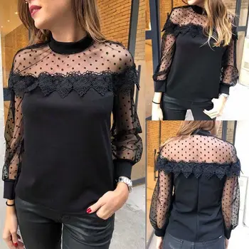 

Women Sexy Lace See Through Mesh Long Sleeve Tops Ladies Casual Slim Blouse