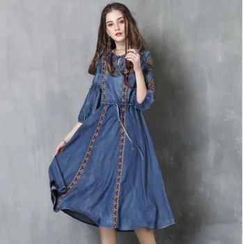 

#2412 Autumn Embroidery Round Neck Denim Dresses Women Fashion Vintage Tie Waist Half Lantern Sleeve Washed Jeans Dress Tide