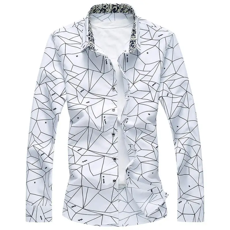 

Plaid Blouse Men Fashion Hawaiian Shirt Men's Camisa masculina Long sleeve Shirt Flower Casual Sky Blue Navy White