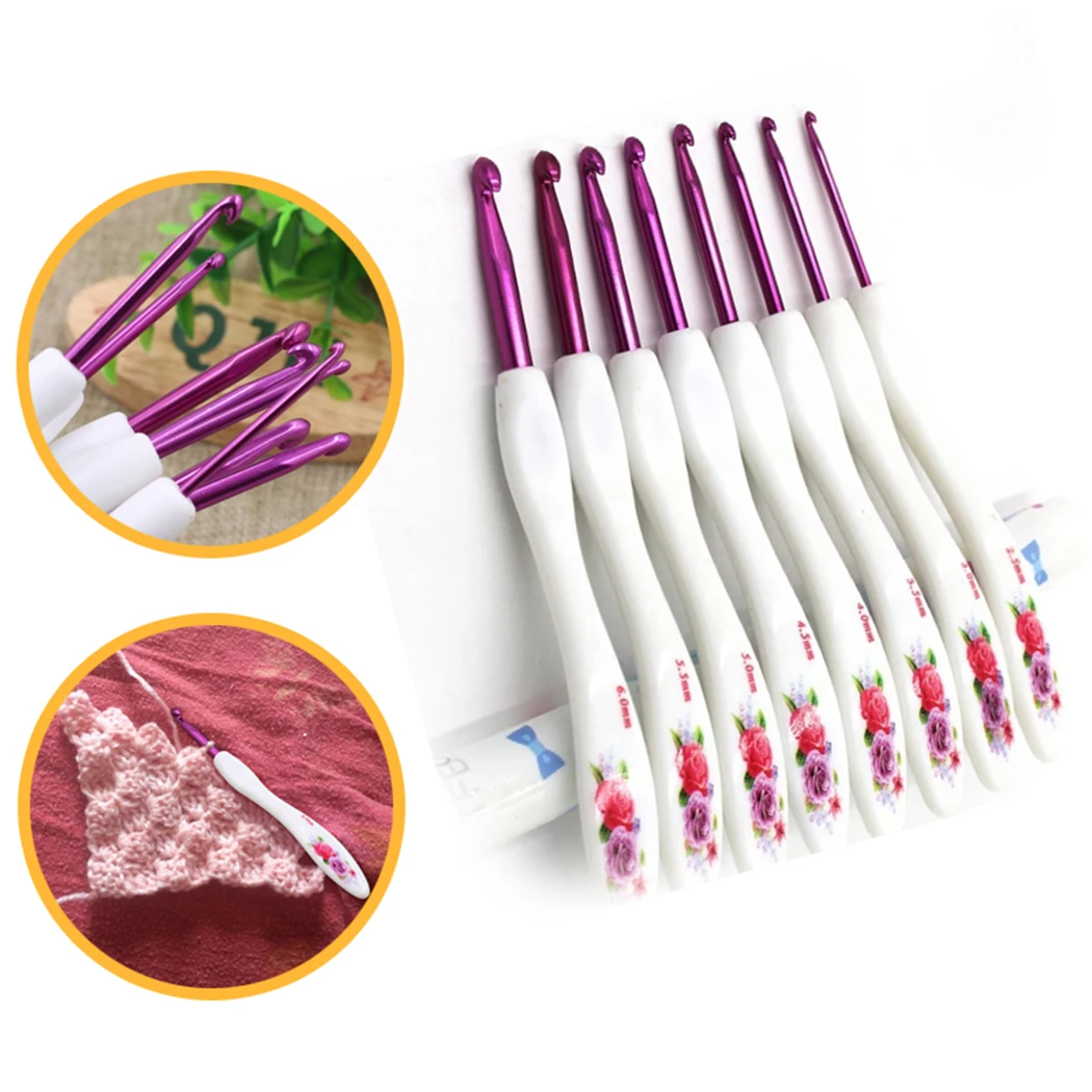 8pcs Plastic Handle Aluminum Crochet Hooks Set Ergonomics Weave