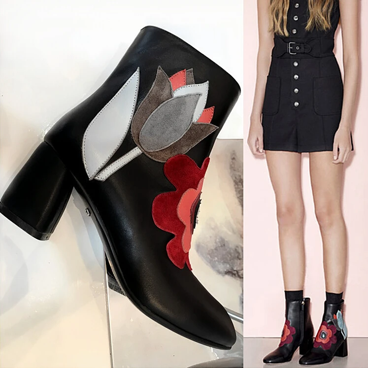 

Designer Fashion Flower Appliqued Ankle Boots Comfort Block Heel Lady Black Leather Boots Winter Shoes Women