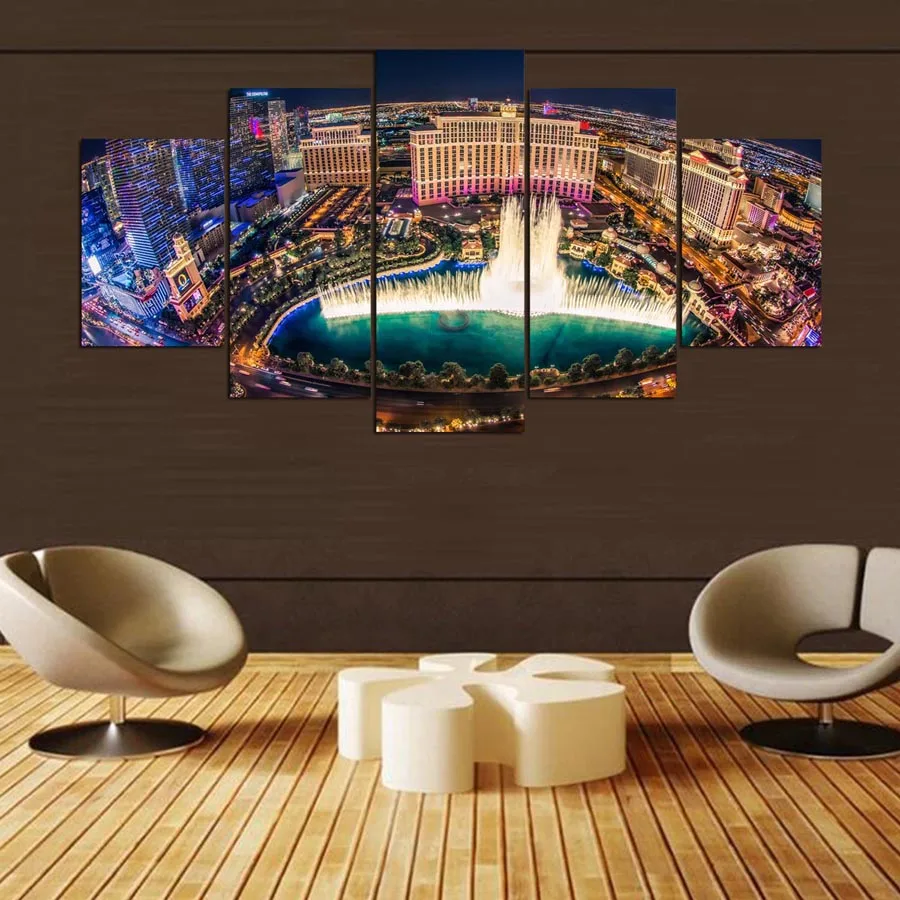 

Modern Top-Rated Canvas Print Wall Art Pictures 5 Pieces Home Decorative Building Bellagio Night View Poster Artwork Painting