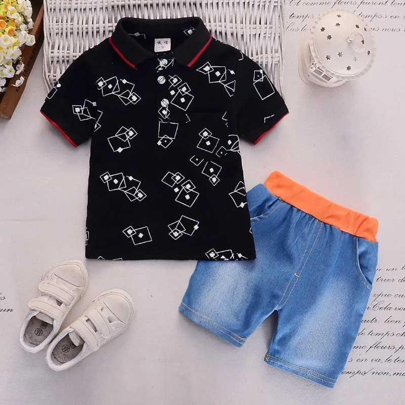

New Baby Short Sleeve Two-piece Suit for Children 0-4 Years Old Casual Geometric Lapel Short Sleeve Denim Shorts Kids Sets