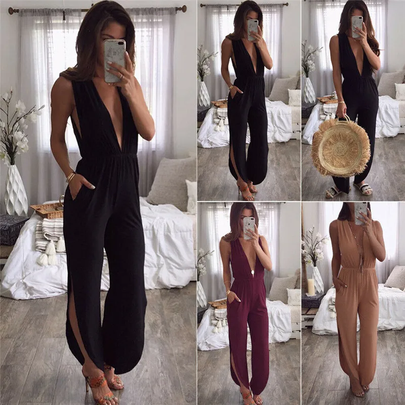 

Sexy Women Fashion Casual Loose Solid Sleeveless Deep V Neck Tops Jumpsuit Party Style Summer Clothes For Girls