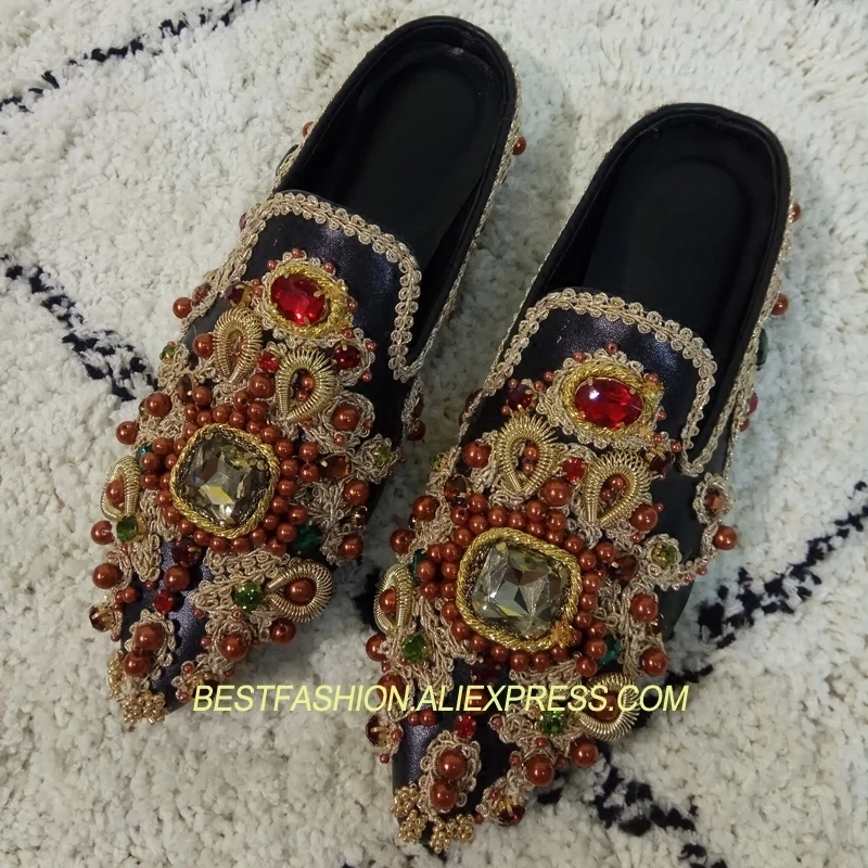 

New Spring Summer Shoes Woman Flats Retro Leather Mules Slippers Designer Pointed Toe Woman Cozy Flats Plus Size Slippers