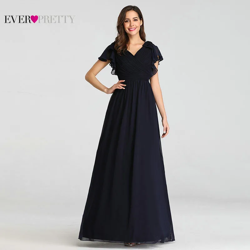 

Robe Longue A Line Evening Dress 2019 Elegant V Neck Sleeve Navy Blue Long Chiffon Formal Party Gowns Ruffles Vestidos De Festa