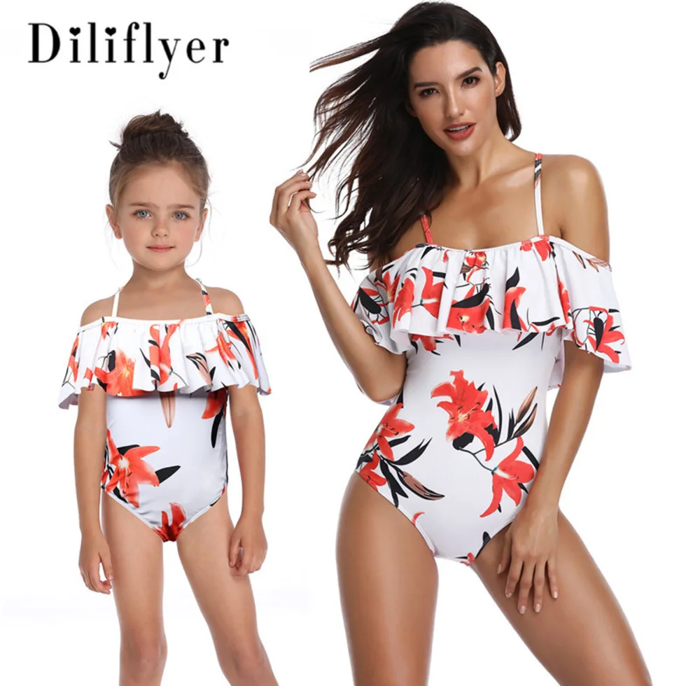 

2019 Summer Parent-child Swimwear Print One-piece Ruffled Printed Bikini Mother And Daughter Swimsuit