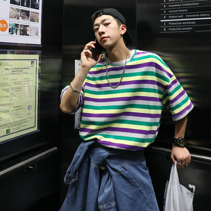 

Men's T-shirt Summer New Youth Popular Loose Round Neck Pullover Contrast Color Stripes Personality Youth Casual Men's Clothing
