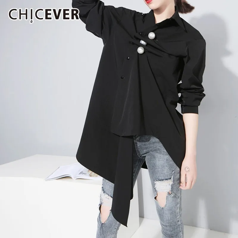 

CHICEVER Pearls Button Women's Shirts Tops Female Blouse Lapel Long Sleeve Irregular Hem White Blouses Fashion Elegant Clothes