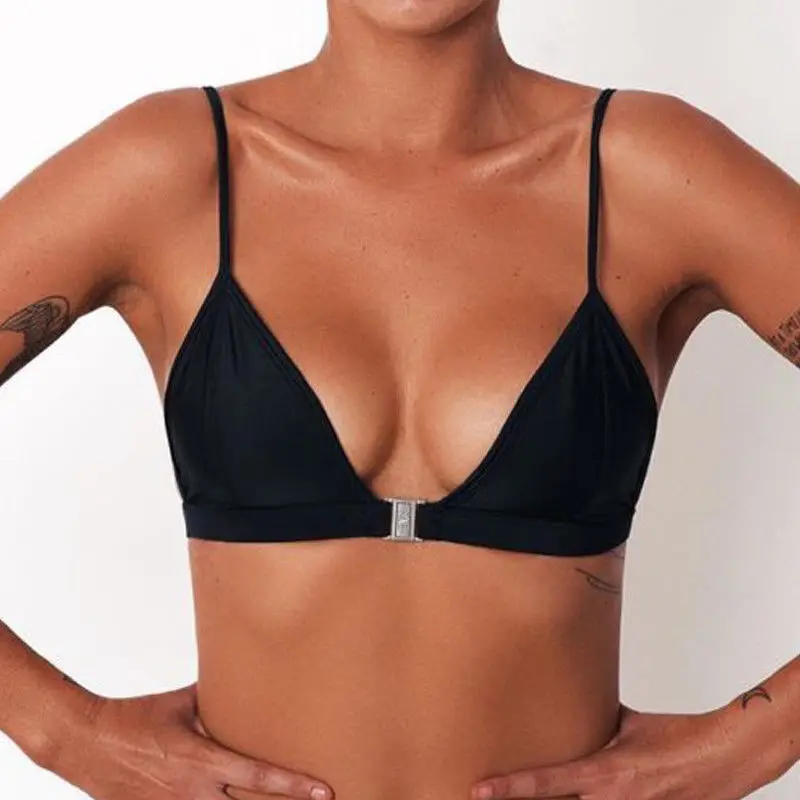 

Front button Bikini Top Women Push-Up Bandage Swimwear Swimsuit Solid Color Strappy Bandeau Beachwear Bathing Bra Tops