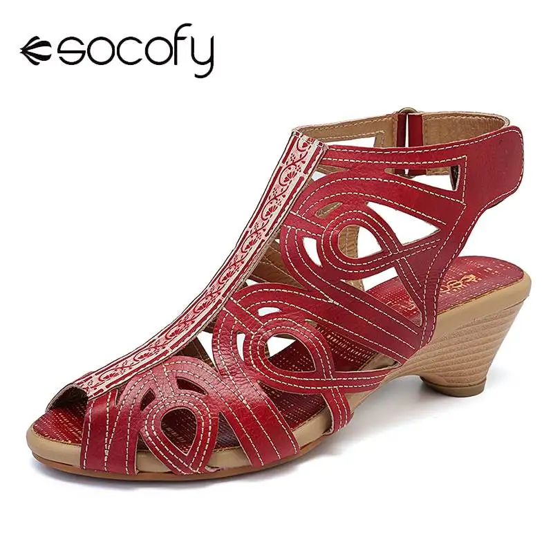 

SOCOFY Soft Genuine Leather Pure Color Stitching Flowers Pattern Adjustable Hook Loop Sandals For Women Shoes High Heels New