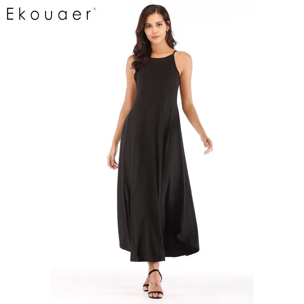 

Ekouaer Women Sexy Summer Long Dress Round Neck Spaghetti Strap Causal Solid Striped Ankle Length Maxi Dresses