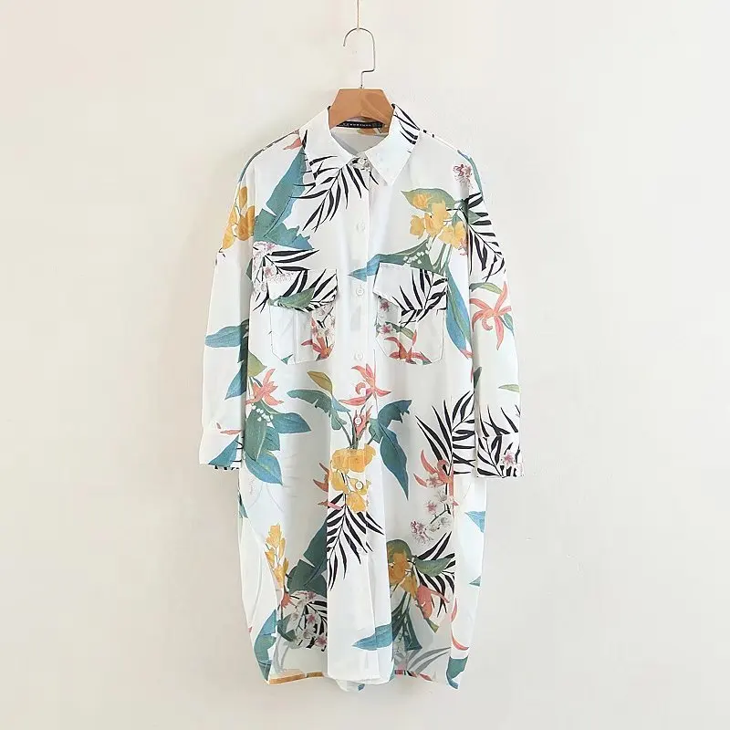

[EWQ] 2019 Spring Summer New Pattern Lapel Long Sleeve Print Patchwork Single Breasted Streetwear Shirt Dress Women AE86700