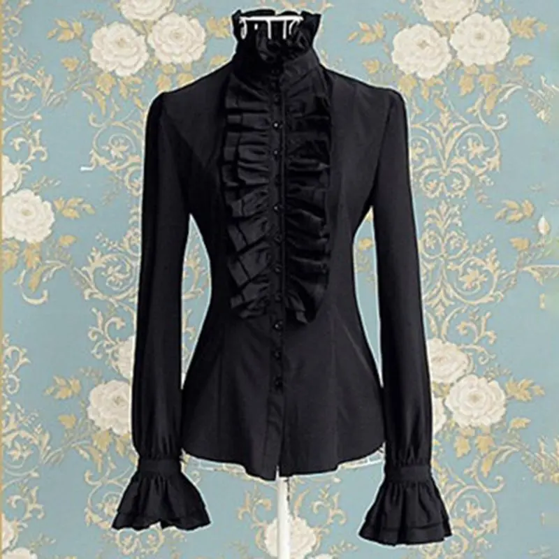 Rosetic, женская готическая блузка, летняя рубашка, повседневная, стиль Лолиты, черный, элегантный, Тонкий Топ, шикарный, водолазка, оборки, для девушек, черные рубашки