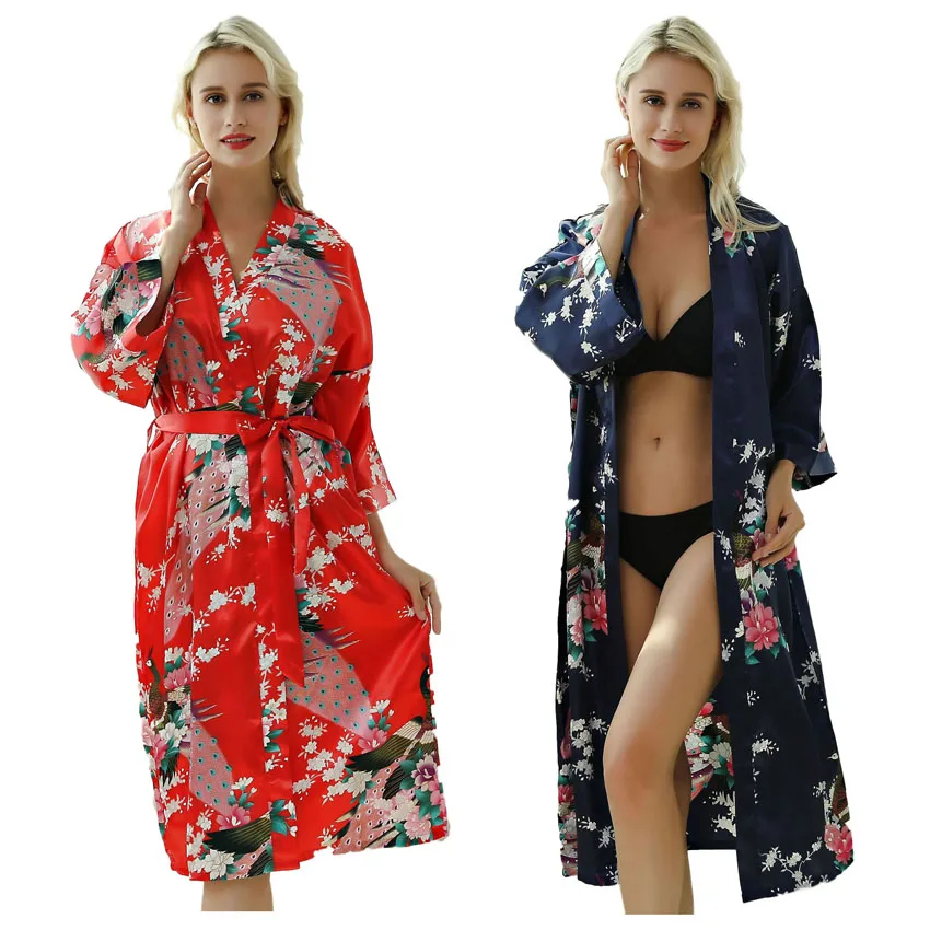 Lady Sexy Costumes Japanese Kimono Yukata Dress with Belt Satin Silk Cardigan Pajamas Sleepwear Woman Smooth Bathing Robe Gown