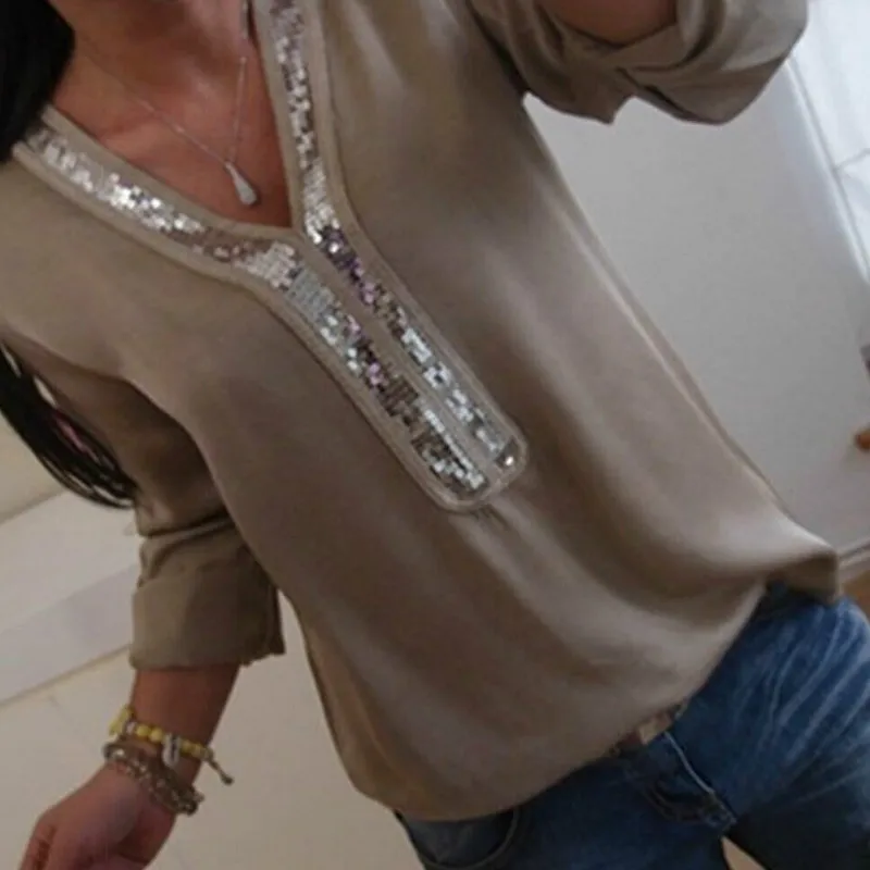 

Plus Size Women V-neck Chiffon Blouse Casual Loose Sequin Tops