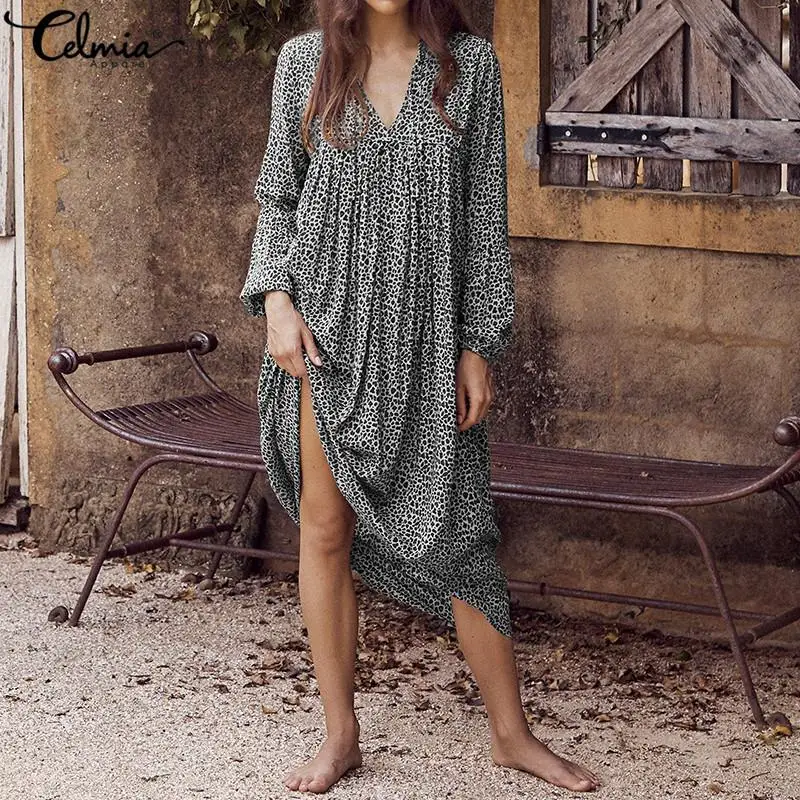 

Celmia Plus Large Size Women Summer Midi Dress 2019 New Fashion Casual Sexy V Neck Pleated Robe Holiday Tunic Vestidos Femininas
