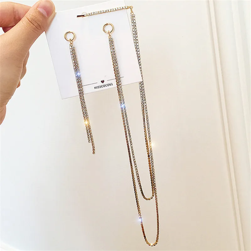 

FYUAN Korean Style Rhinestone Asymmetry Earrings for Women Bijoux Gold Silver Color Long Chains Drop Earrings Jewelry Gifts