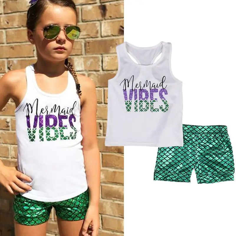 

Emmababy 2Pcs Mermaid set Baby Kid Girls Clothes Sleeveless Vest+Short Pants Girls Clothes Summer Costume 1-6Y
