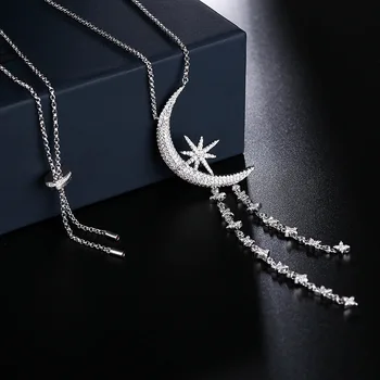 

Fashion Sexy Bold Wild Beach style Star and Moon two Long Tassels Necklace Cubic Zirconia stone Chain Necklace Women Jewelry