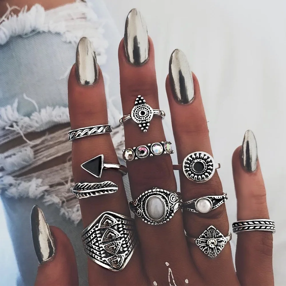 

New Design Vintage Punk Midi Rings Set Antique Silver Color Gem Leaves Triangle Knuckle Ring For Women Boho Jewelry 10pcs/set