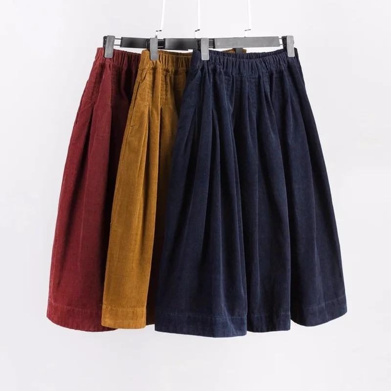 

Autumn Winter Corduroy Pleated Skirts Women Mori Girl Solid Color Korean Knee-length Skirt Female Fashion All Match Slim Saias