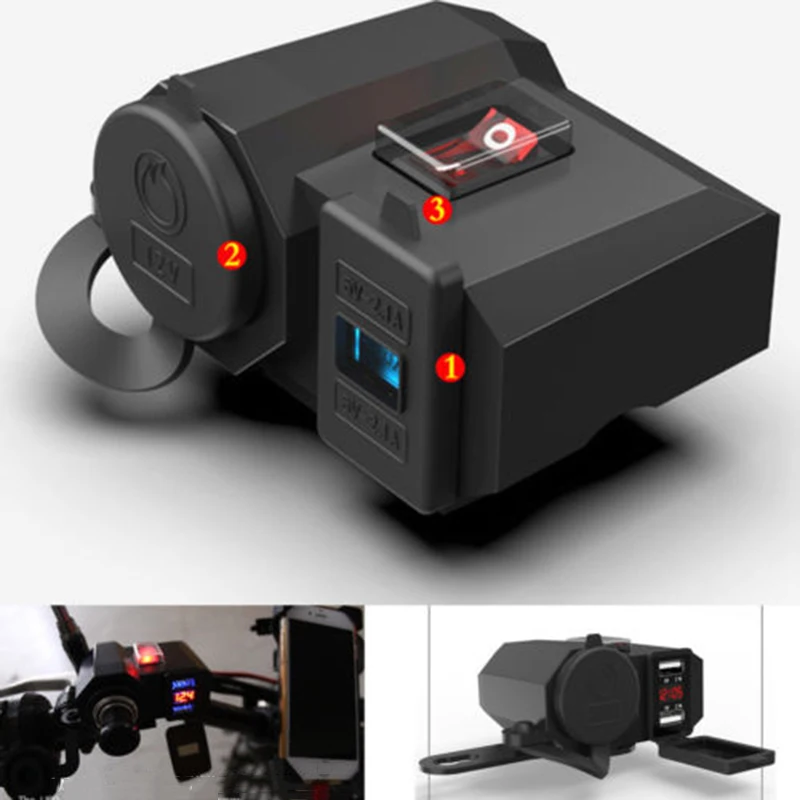 

1pc Black Motorcycle Cigarette Lighter Socket Outlet Dual USB Charger LED Voltmeter+Switch High Quality Accessory Part