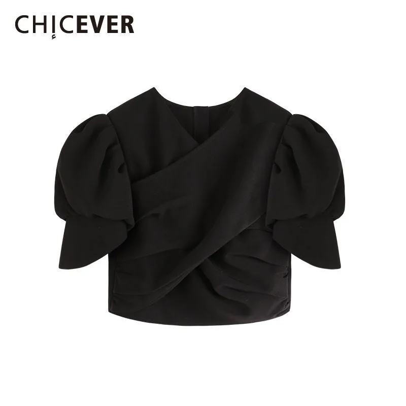 CHICEVER Summer Casual Solid Short Sleeve V Neck Puff High Waist Shorts Women T-shirt Tops Loose Slim 2019 Fashion | Женская одежда