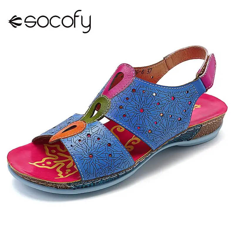 

SOCOFY Soft Genuine Leather Splicing Hollow Water Drop Pattern Stitching Casual Hook Loop Sandals Casual Women Flat Shoes New