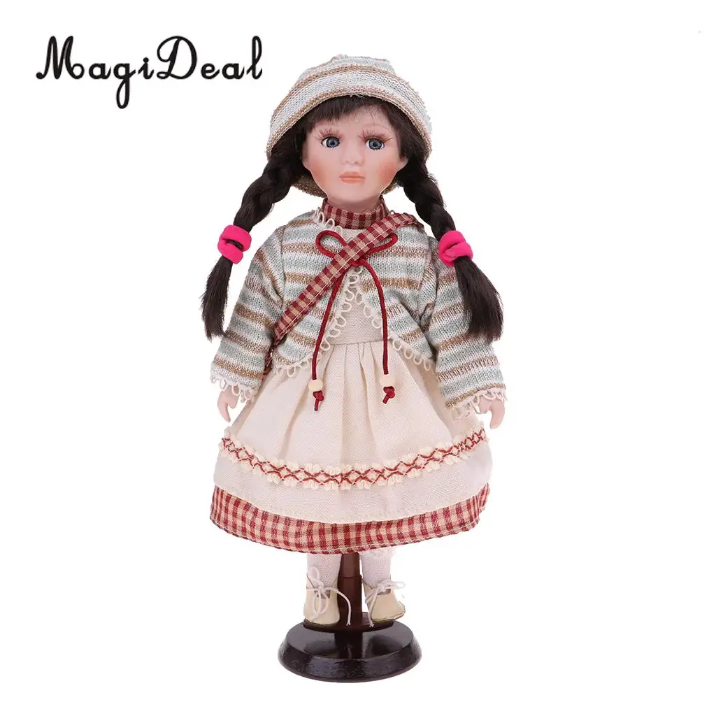 

30cm Cute Porcelain Girl Doll People Figure with Beige Dress Handbag Set Decor Gift