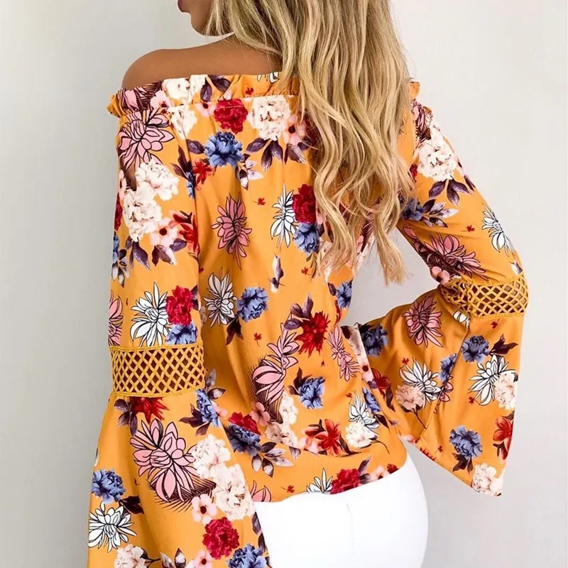 

Sexy Slash Neck Floral Print Shirt Women Flare Sleeve Off Shoulder Elegant Blouses Summer Boho Blouse Top