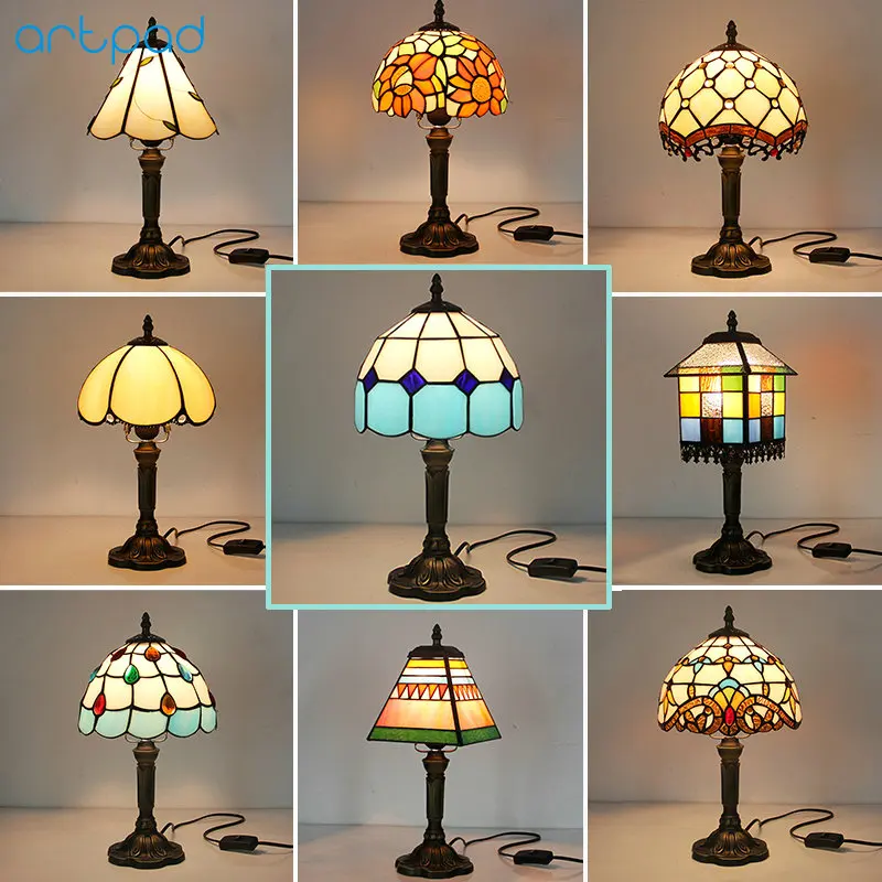 Artpad Bohemia Design European LED Vintage Desk Lamp Bedroom Bedside Decoration AC110V 220V Mosaic Stained Glass Table Lamps