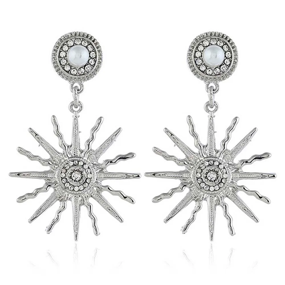 

Vintage Women Dangle Earrings Sun Flower Rhinestone Pearl Big Earring Statement Aretes Pendientes Bohemian Silver Color DAE023