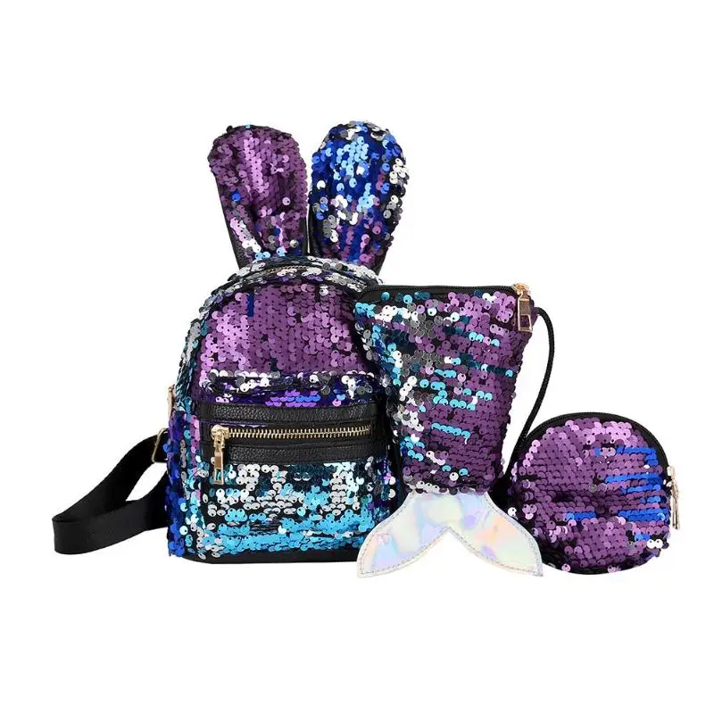 

3pcs/set Mini Sequins School Backpack Shining Rabbit Ears Pattern Rucksack Cartoon Purse Zipper Shoulder with Small Bag Mochila