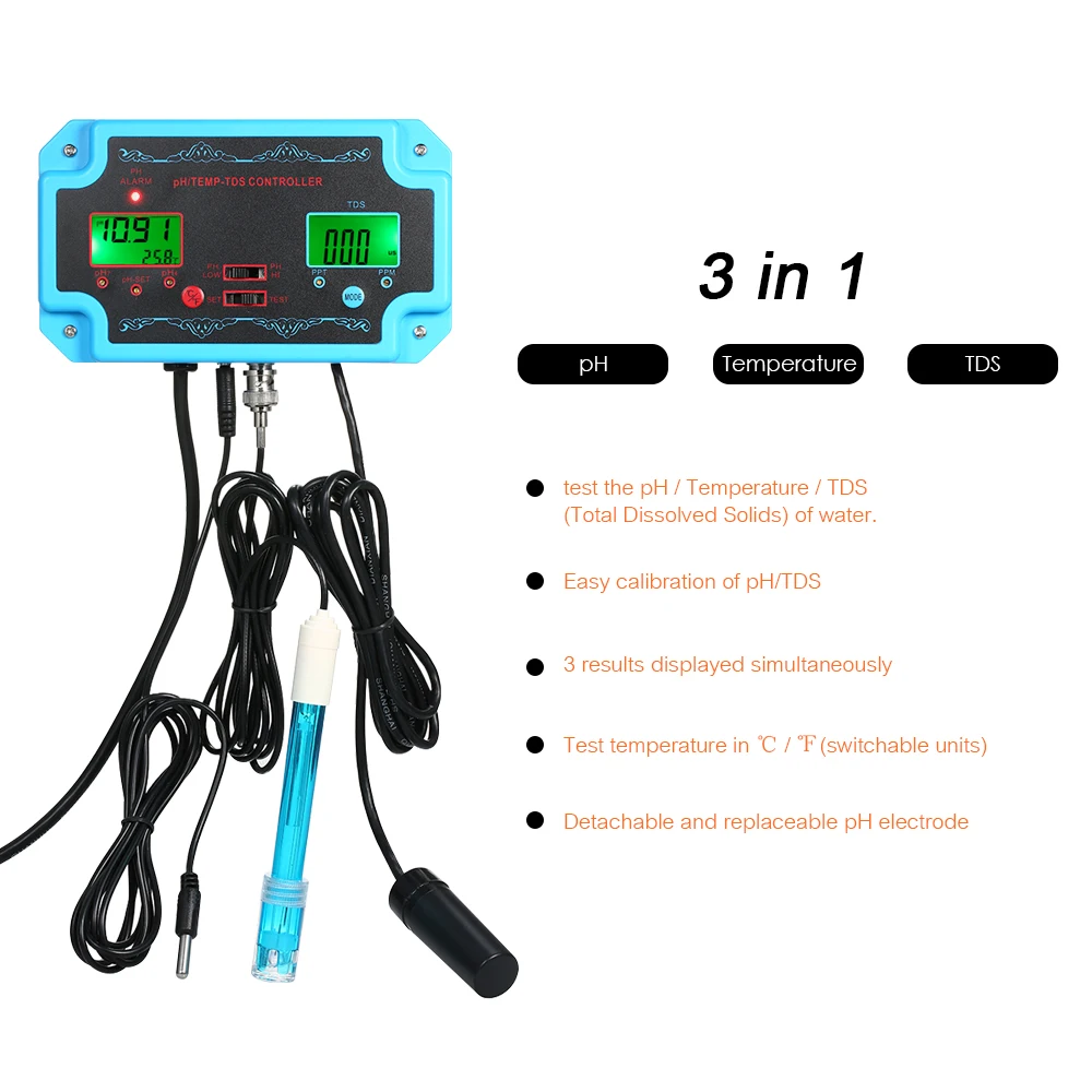 3 in 1 pH/TDS/TEMP Water Quality Detector pH Controller with Electrode