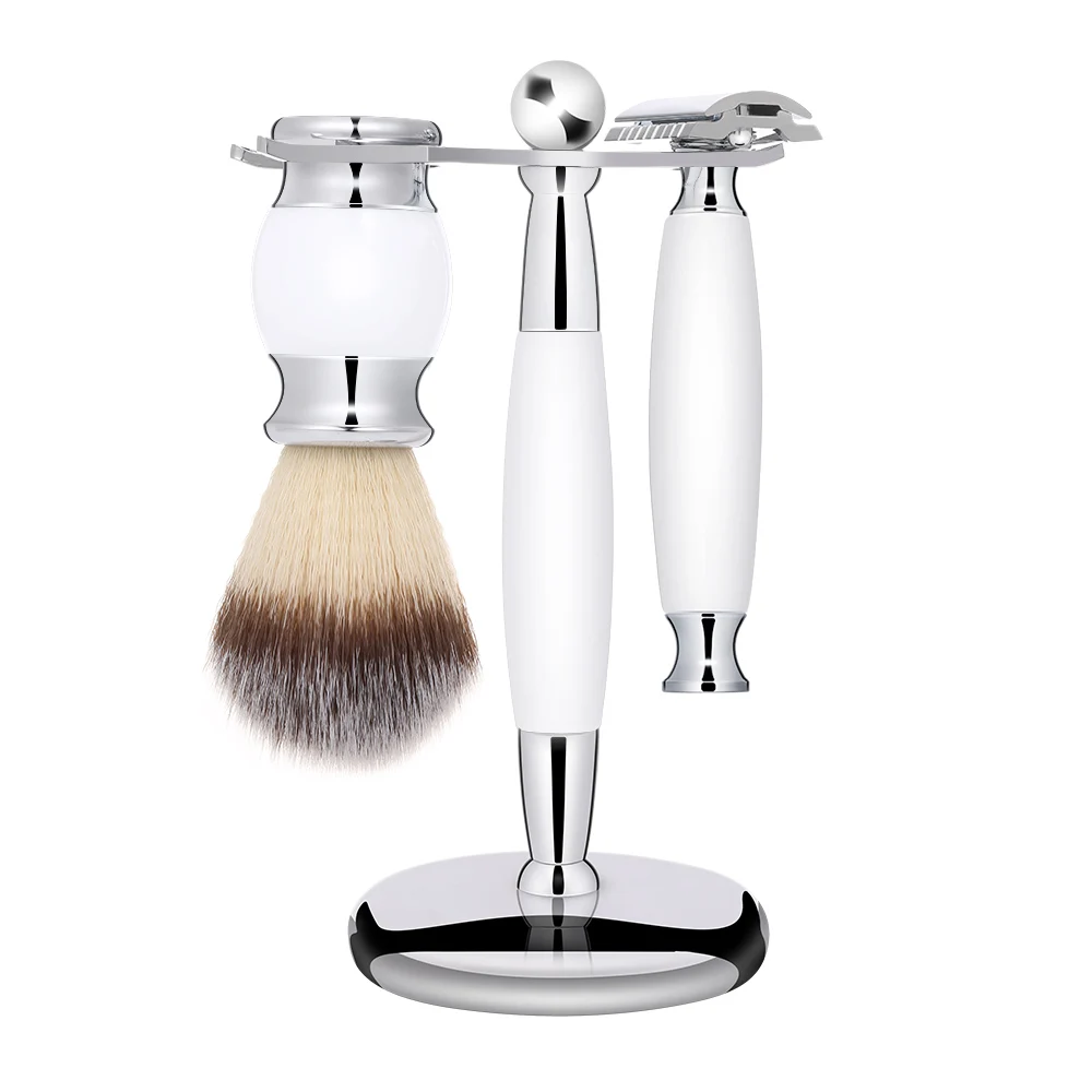

Zinc Alloy Shaving Razor Brush Holder Stand 3-In-1 White Handle Shaving Tool Kit