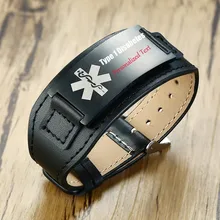 Персонализированный мужской браслет из натуральной кожи, черный браслет из нержавеющей стали, браслет для диабета, гравировка, мужской браслет, регулируемый, 8,7"