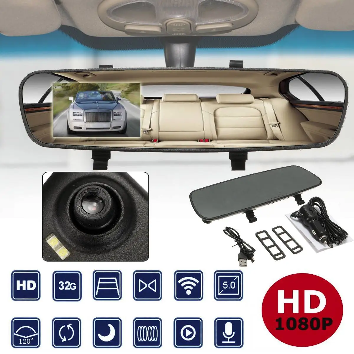 

2.4'' 720P HD Rearview Smart Mirror Camera Monitor Dashboard Cam DVR Recorder