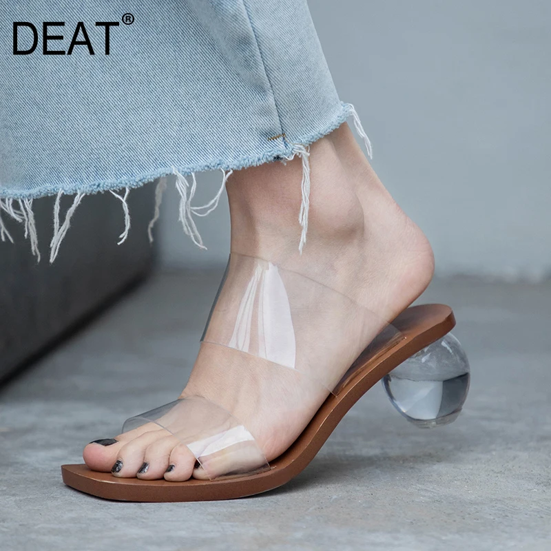 

[DEAT] 2019 New Spring Summer Square Toe Shallow Pu Leather Transparent Strange High Heels Slippers Women Fashion Tide 10A351