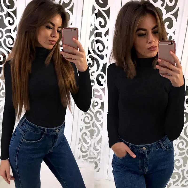 

2019 Hot Sale Women Turtle Neck T Shirts Long Sleeve High Neck Warm Top Milk Silk Base Shirt Solid Color