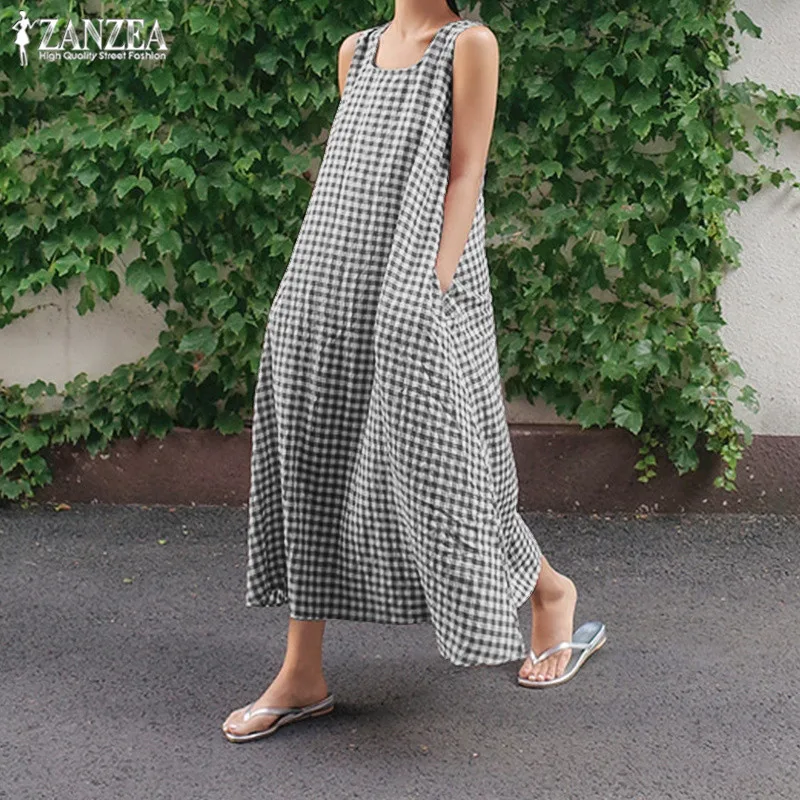 

ZANZEA 2019 Retro Check Dress Women's Sundress Summer Maxi Dresses Female Sleeveless Party Vestidos Kaftan Robe Femme Oversized