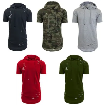 

2018 Casual Men's Slim Fit O Neck Hooded Short Sleeve Muscle Hole Tee Shirts Solid T-shirt Tops T-Shirt