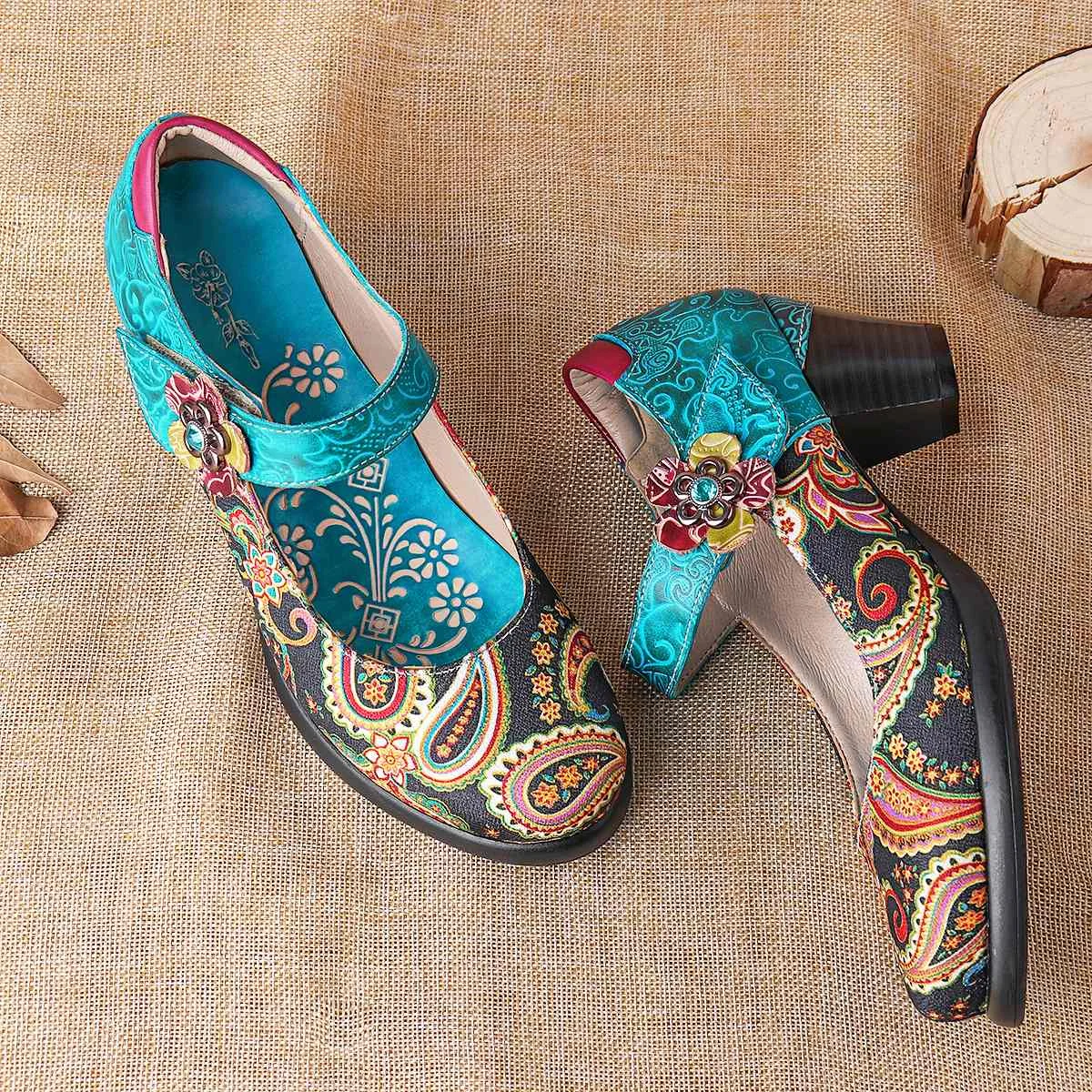 

NIS 2019 Printed Genuine Leather Pumps Women Shoes Woman socofy Vintage Style Bohemian Flower Ladies Shoes Hook&Loop High Heels
