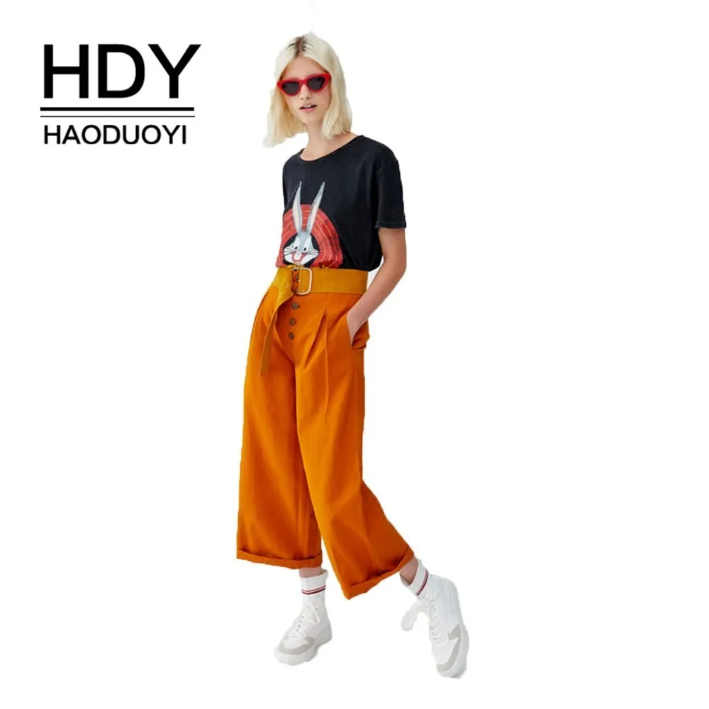 Свободные штаны HDY Haoduoyi с широкой пуговицей и декоративными складками в
