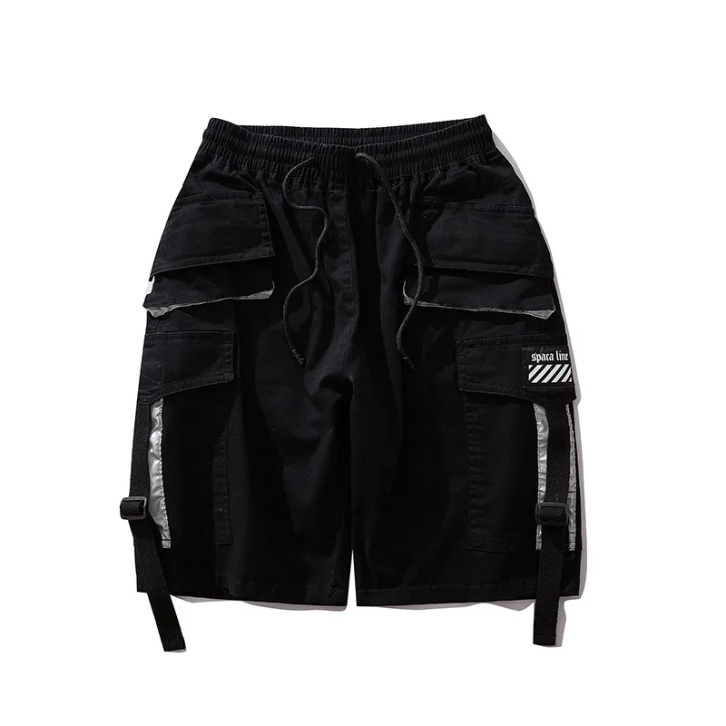 

Hip Hop Cargo Short Pocket reflective Mens Casual Short Side Ribbon Streetwear Shorts Elastic Waist New Knee Length M-2XL