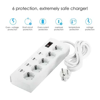 

LEORY 5 Outlet 4 USB AC Sockets EU Strip Power Quick Charger with Fast Charging Ports USB3.0 With 1.8m Extension Cable