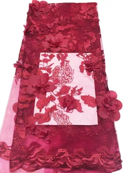 

3D flower lace embroidered fabric 2019 high quality wine french tulle lace beaded African laces fabric stones for Nigerian dress
