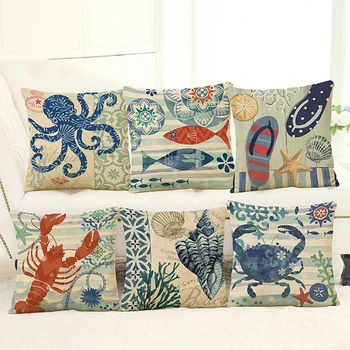 

18" Mediterranean Style Blue Marine Sailor Octopus print Conch cushion home decorative Pillow cotton Linen seat back Cushions